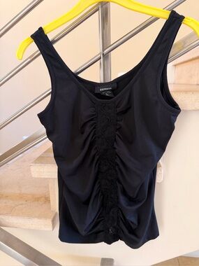 Vintage Express Black Ruched Tank with Lace Center Panel